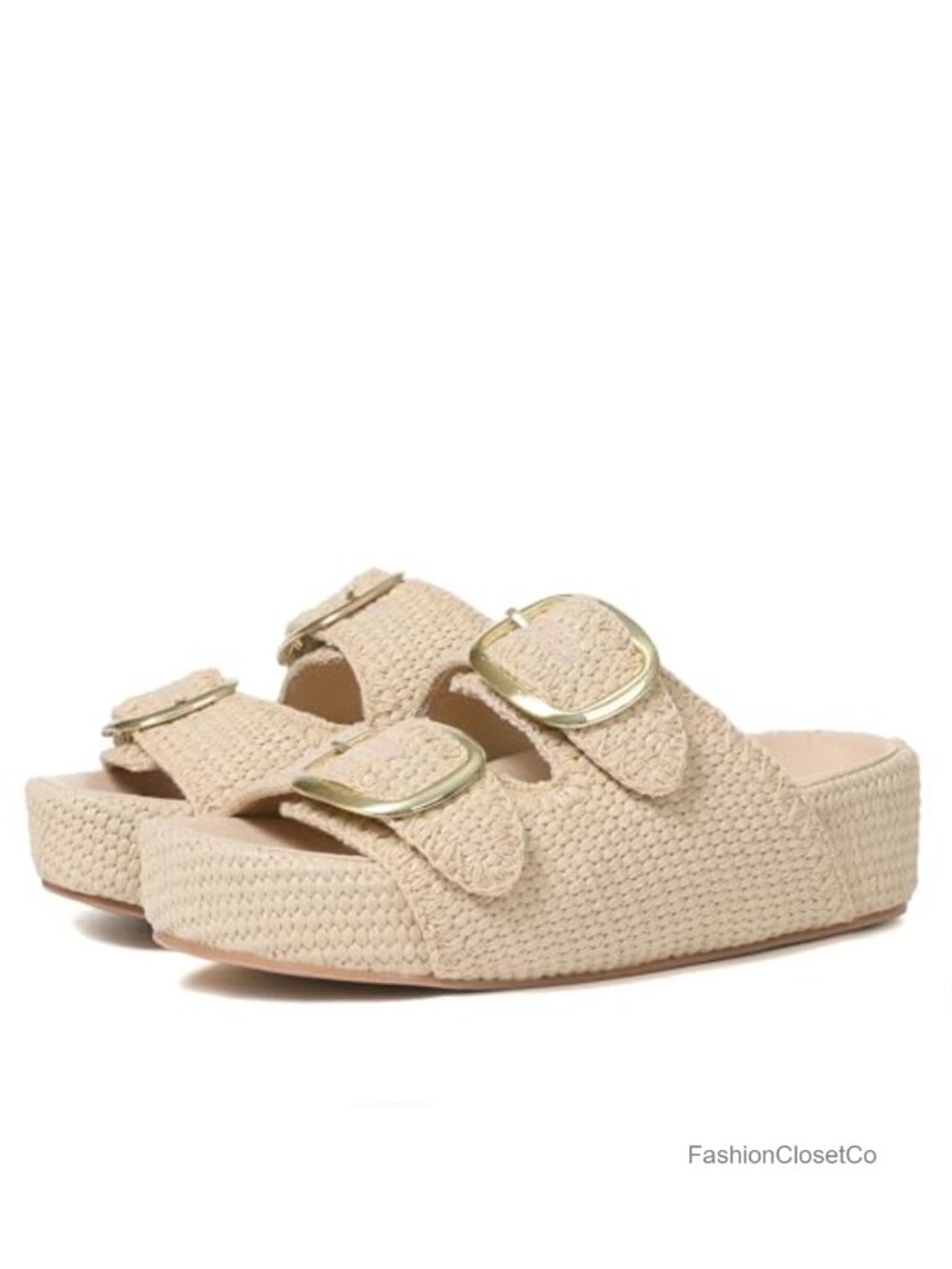 Women's Raffia Platform Sandals Double Buckle Open Toe Summer Beach Shoes